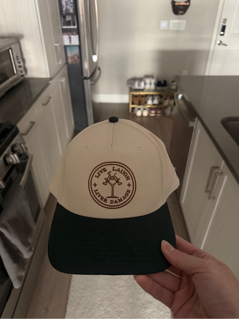 Live Laugh River Damage Beige and Dark Green Baseball Cap